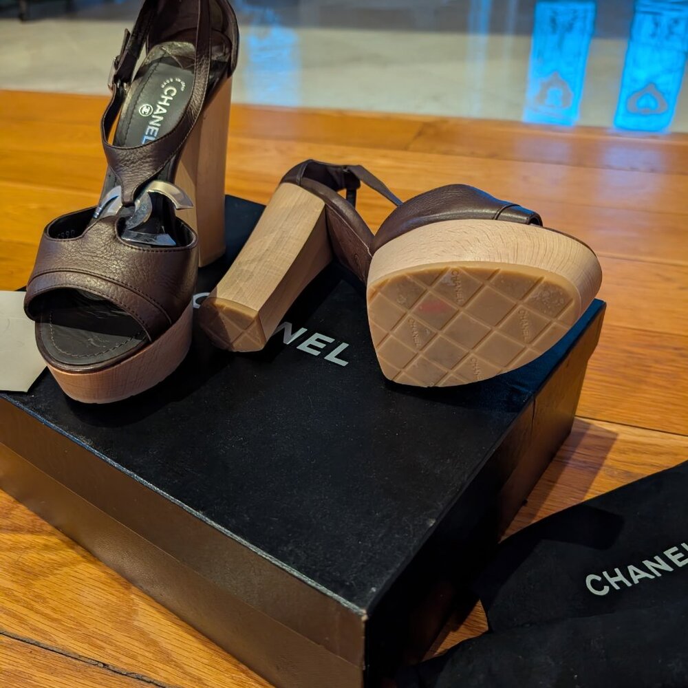 Chanel Dark Brown Platform Sandals US 7 | Authentic Designer Shoes | CC Logo - Picture 3 of 4